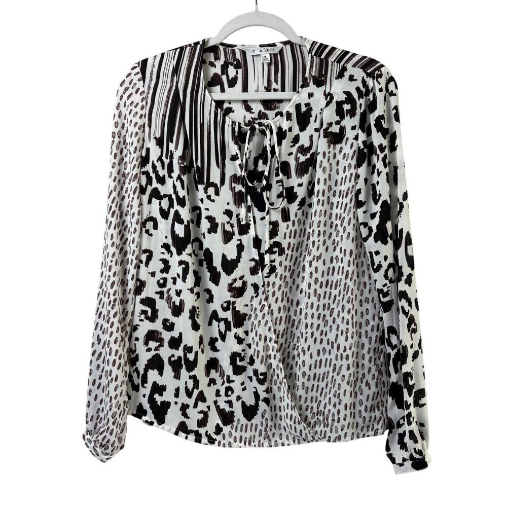 Cabi Mixed Animal Print Faux Wrap Blouse Size S Black White 590 Snap Sheer‎ Top